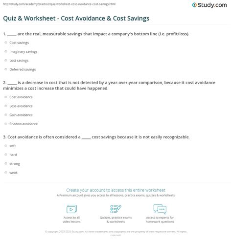 Quiz Worksheet Cost Avoidance Cost Savings Study