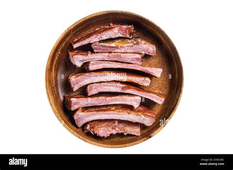 Homemade Smoked Barbecue Pork Ribs In Wooden Plate Ready For Eat