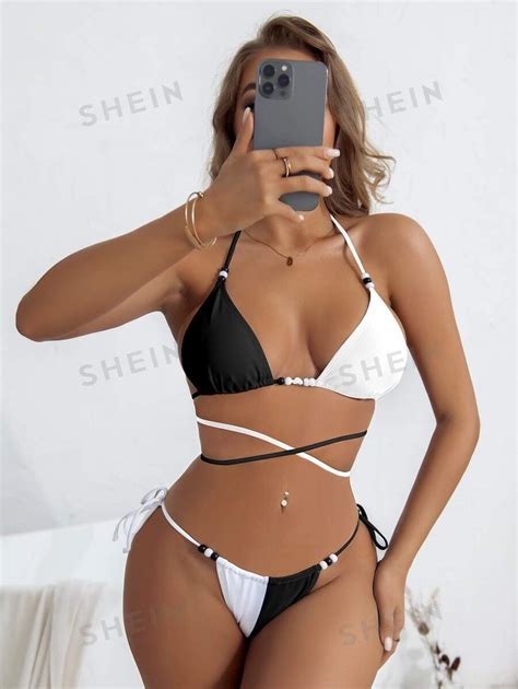 SHEIN Swim Vcay Color Block Bikini Set Beaded Triangle Bra Thong Bottom Piece Bathing Suit