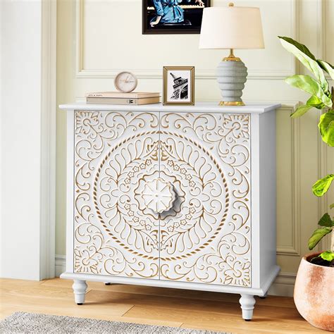 HLR 32"W Gold floral pattern Decorative Accent Storage Cabinet with 2