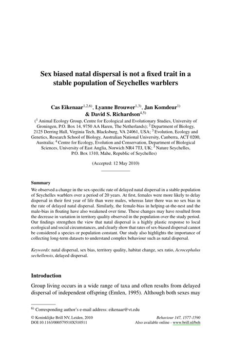 PDF Sex Biased Natal Dispersal Is Not A Fixed Trait In A Stable Population Of Seychelles Warblers