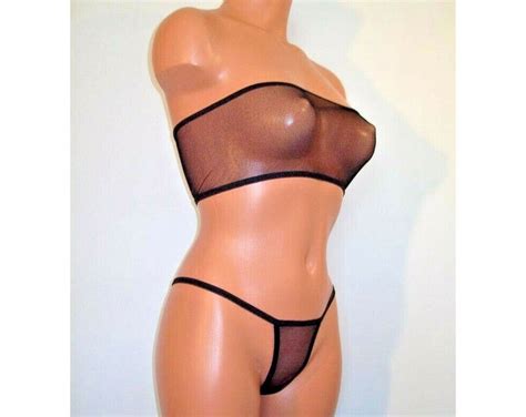 Black Sheer Spandex Micro Mesh Banded Tube Top Thong Pantie Lingerie