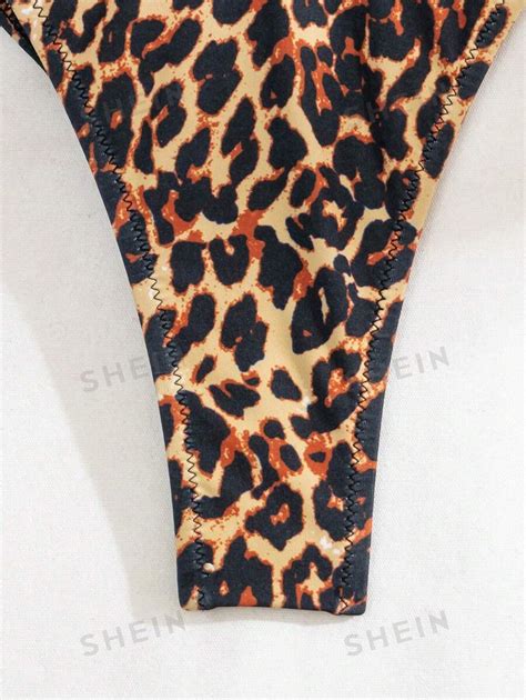 Shein Swim Summer Beach Leopard Print Bikini Set Frill Trim Triangle Bra Tie Side Bottom