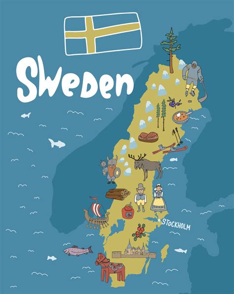 Hand drawn illustration of Sweden map with tourist attractions. Travel