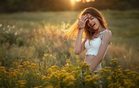 Wallpaper Girl Blouse Field Nature Flowers Model Brunette Plants