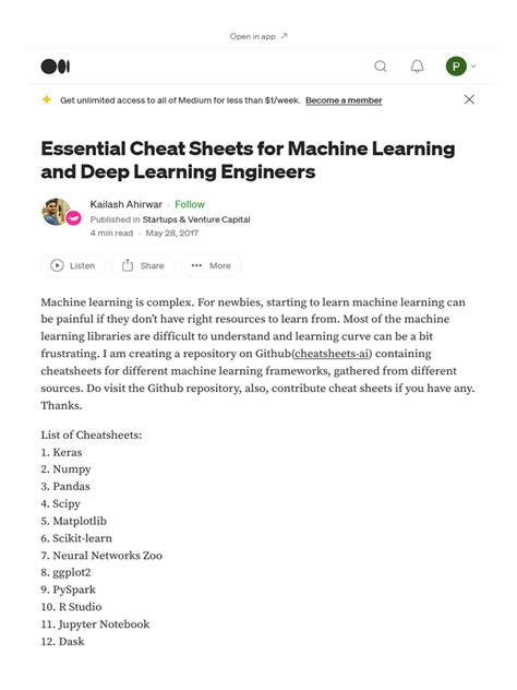 Essential Cheat Sheets For Machine Learning And Deep Learning Engineers By Kailash Ahirwar