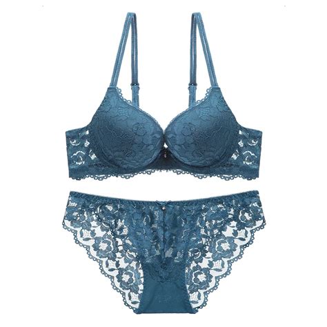 New Fashion Blue Push Up Bra Set Deep V Brassiere Thick Lingerie Set Lace Sexy Women Underwear