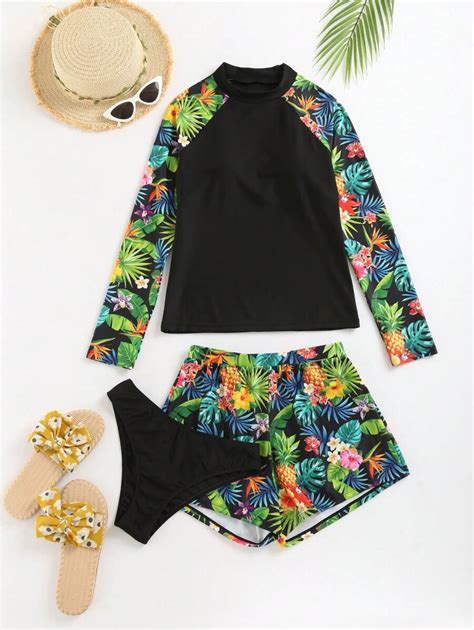 Shein Swim Sprty Con Estampado Tropical De Cuello Cisne Ba Ador Bikini Con Shorts De Nataci N