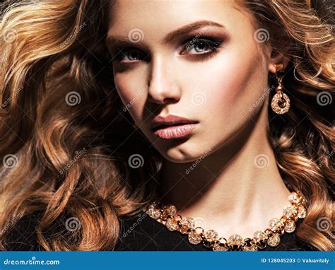 Beautiful Woman With Long Curly Hair And Gold Jewelry Stock Image Image Of Blonde Bracelet