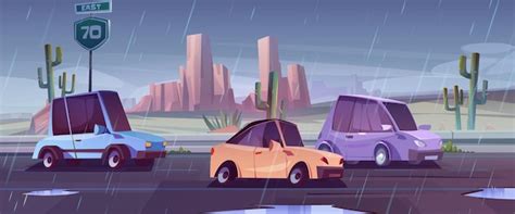 Free Vector Cars Driving In Rain On Highway In Desert Among Rocky
