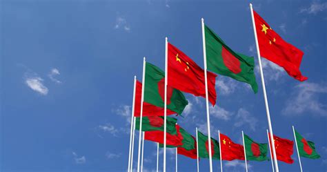 Bangladesh And China Flags Waving Together In The Sky Seamless Loop In