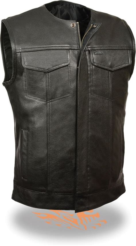 Soa Mens Basic Leather Motorcycle Vest Zipper And Snap