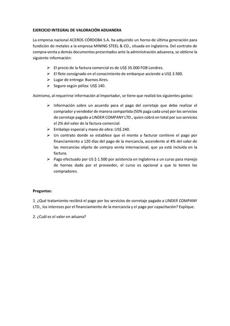 Ejercicio Integral DE Valoración Aduanera 2023 EJERCICIO INTEGRAL DE