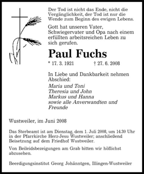 Traueranzeigen Von Paul Fuchs Saarbruecker Zeitung Trauer De