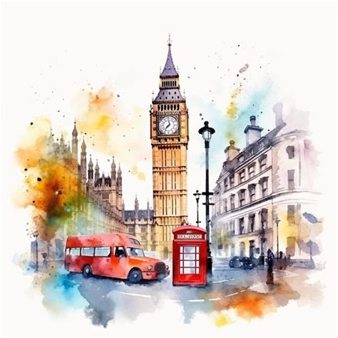 Premium Ai Image Watercolor Painting Of A Red Bus In London