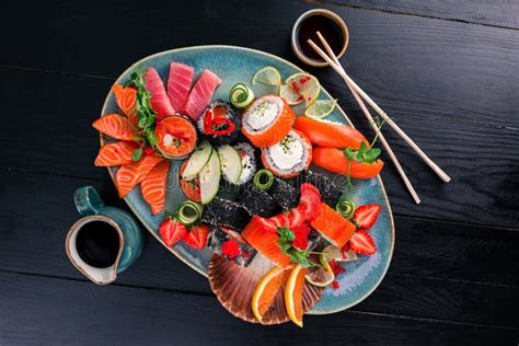 Large Plate With Sashimi And Sushi Set Of Japanese Food Stock Image