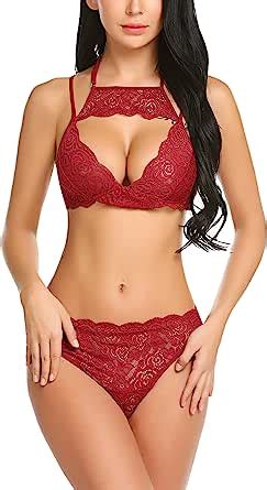 ADOME Women 2 Pieces Lingerie Sets Bralette Bra And Panty Set Halter Teddy Lace Bodysuit Dark