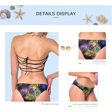 Lady Sexy Strapless Backless Padded Leaf Print Two Piece Beach Bikini Set Black