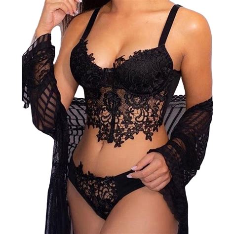 Push Up Bra Panties Sets Women Sexy Lingerie Lace Underwear Size S Black