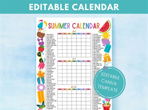 Printable Summer Calendar 2025 Summer Activities Calendar Summer