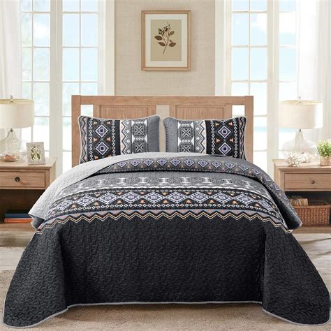 Amazon WONGS BEDDING Boho Quilt Set King Black Grey Bedspread