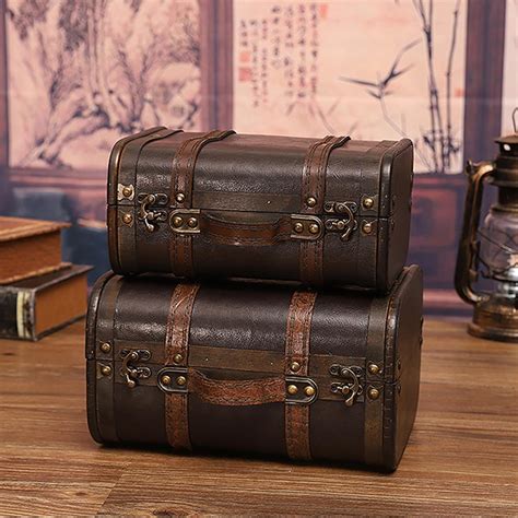 retro suitcase wood leather finished antique storage box decorative