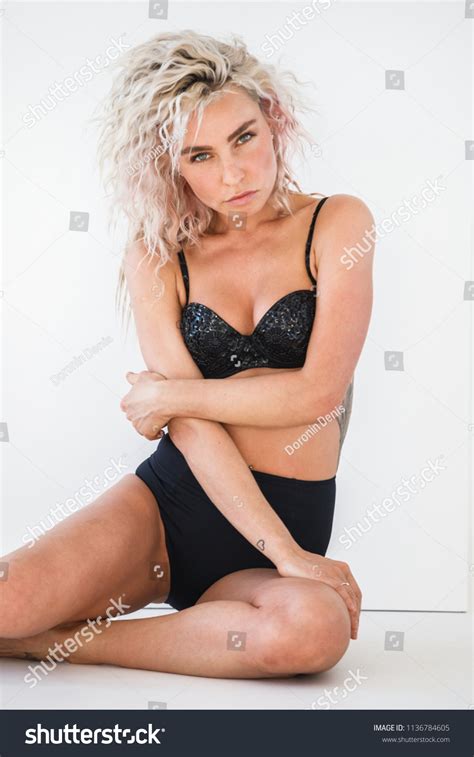 Beautiful Sexy Blonde Lingerie Posing Bright Stock Photo 1136784605