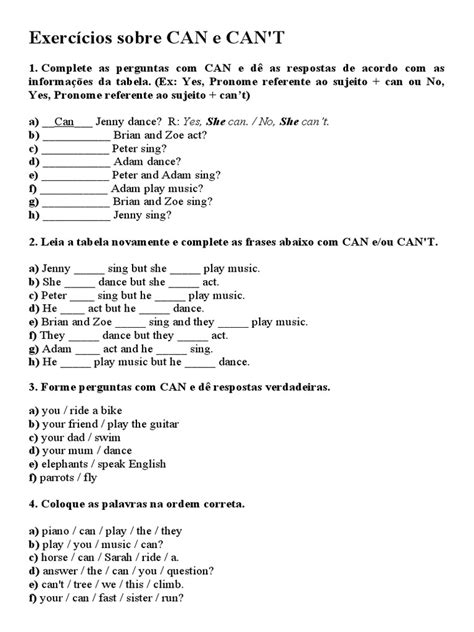 Can E Could Exercícios - Exercícios verbo modal CAN - 9º | PDF