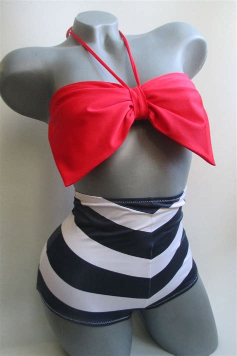 High Waisted Bow Bikini Bottom Scrunch Butt Bikini Bow Top Bandeau Big Bow Navy White Stripes