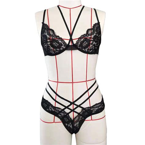 Sexy Strappy Bandage See Through Lace Bra And Thong Bikini Lingerie Set