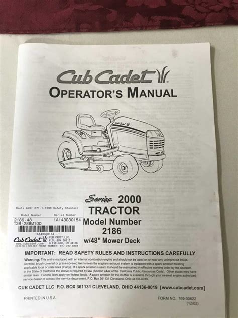 Best Cub Cadet Operators Manual Series 2000 Tractor Model 2186 For Sale In Port Huron Michigan