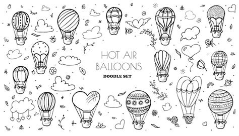 Premium Vector Doodle Vector Set Of Hot Air Balloons With Clouds Colorful Hand Draw