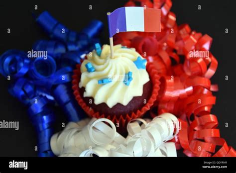 Happy Bastille Day Cupcake With Red White And Blue French Flag Vive