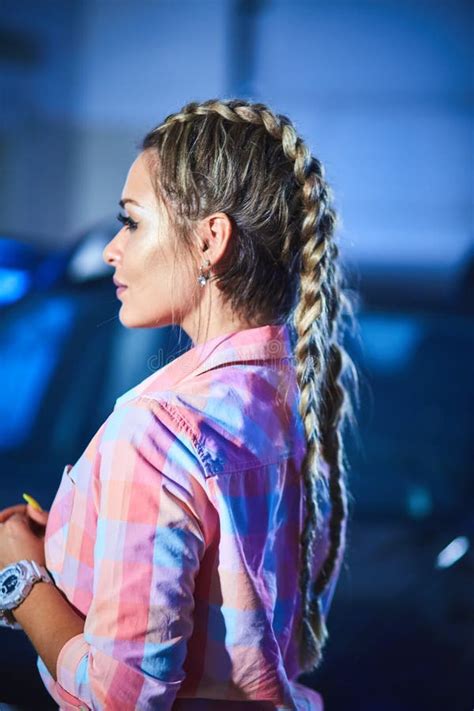 Blonde In Short Denim Shorts With Pigtails Stock Image Image Of Lamp Luxurious