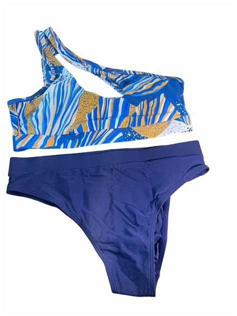 Women S One Shoulder Bikini Set High Waisted Blue Print Medium EBay