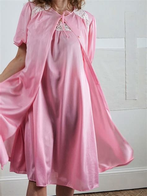 Vintage S Pink Silky Nylon Lace Peignoir Lingerie Etsy