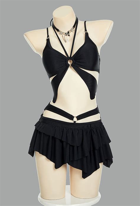 Women Gothic Black Butterfly Styled Two Piece Swimsuit Bikini Set Halter Top And Culottes