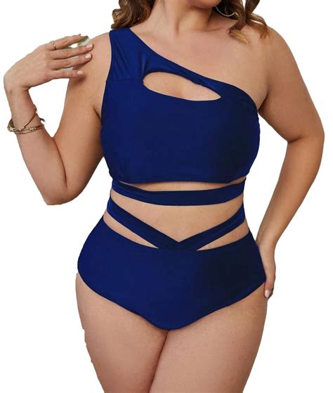 Plain Asymmetrical Neck Navy Blue Plus Size Bikini Sets Women S Plus