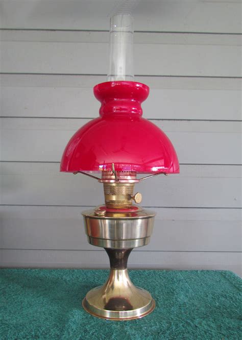 Aladdin Brass Oil Lamp With Red Cased Glass Shade Gumnut Antiques