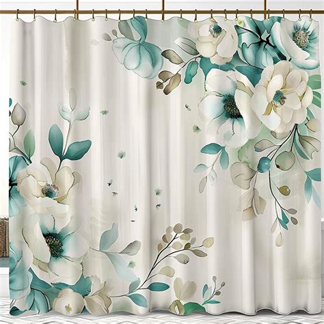 Boho Chic Floral Shower Curtain In Teal And White With Pastel Green