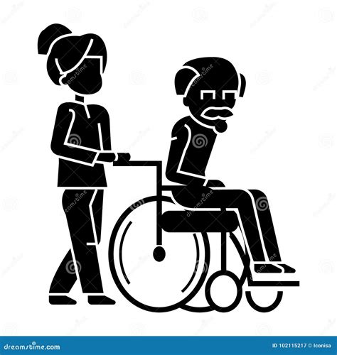 Young Woman Social Worker Strolling With Elder Man In Wheelchair Icon Vector Illustration