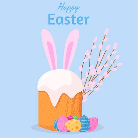 Premium Vector Easter Bakery With Bunny Ears Pussy Willow Branch Eggs Happy Easter Cake