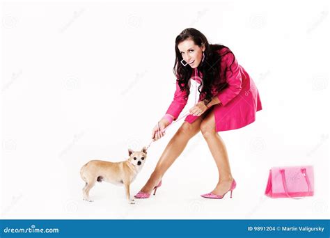 Young Woman Dressed In Pink Pulling Dog Stock Photo Image Of Beauty