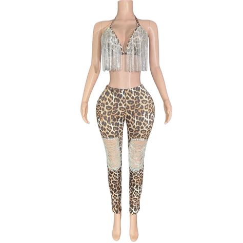 Sparkly Rhinestones Chains Leopard Print Bikini Top Pants Two Pieces Set Women Sexy Party