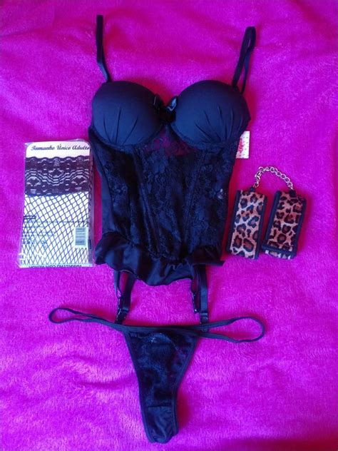 Kit Sex Shop corselet Calcinha Meia Arrastão e Algema Lingerie Feminina Novo enjoei
