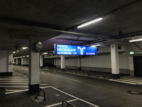 German parking garage exit in the border triangle Germany-France