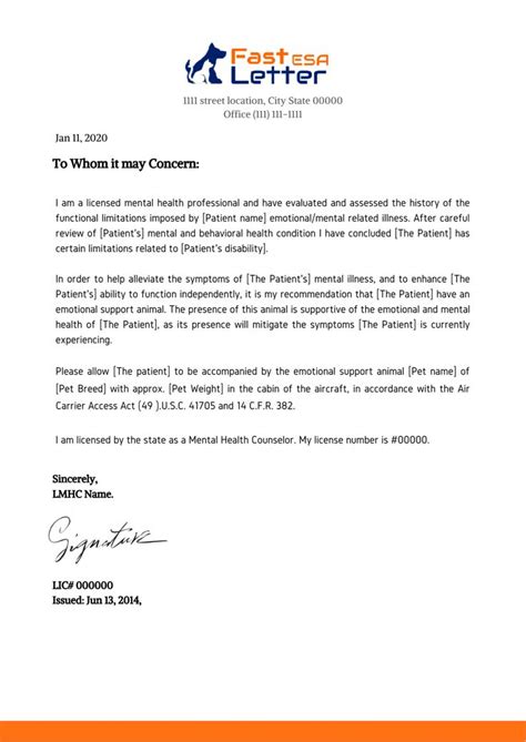 Pet Emotional Support Letter Sample