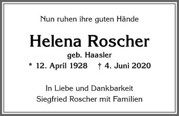 Traueranzeigen Von Helena Roscher Allg Uer Zeitung