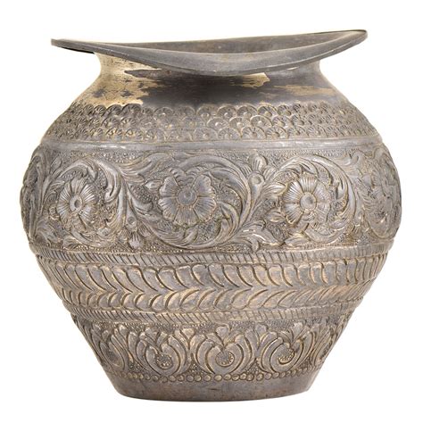 Handmade Brass Repousse Floral And Leaves Design Pattern Pot