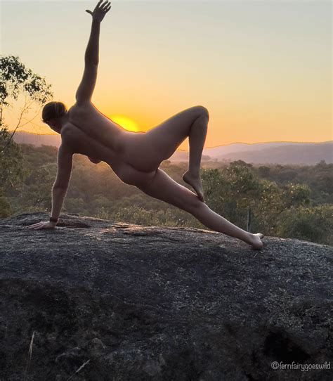 Sunset Silhouette Nude Yoga Self Portrait On A Rock Ledge In Australia